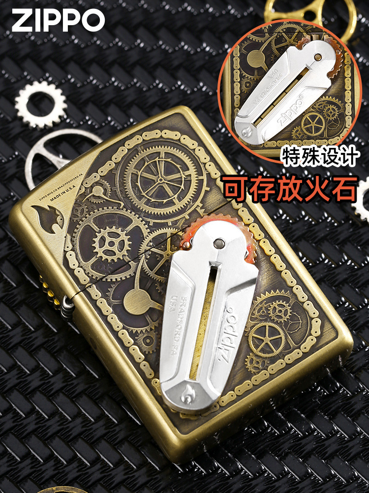 zippo正版打火机 火石盒盔甲金色银章可装填限量火石防风煤油火机