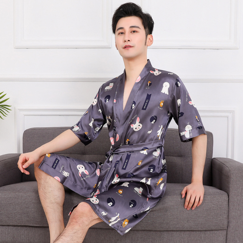 批发睡袍男夏季冰丝薄款浴袍春秋家居服大码仿真丝绸夏天男士睡衣