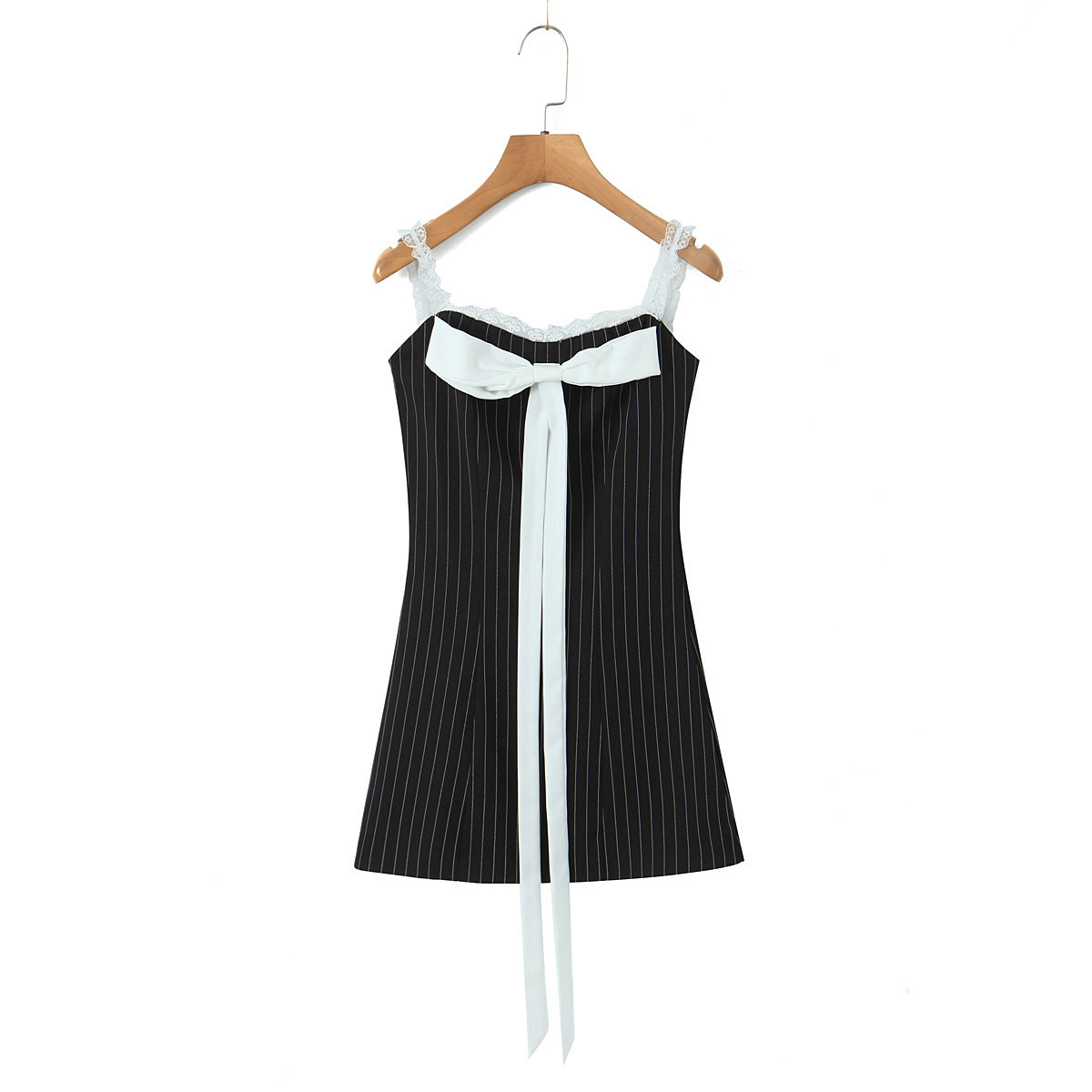 2024早春新款性感蕾丝边条纹包臀短裙纯欲辣妹蝴蝶结裹胸连衣裙女