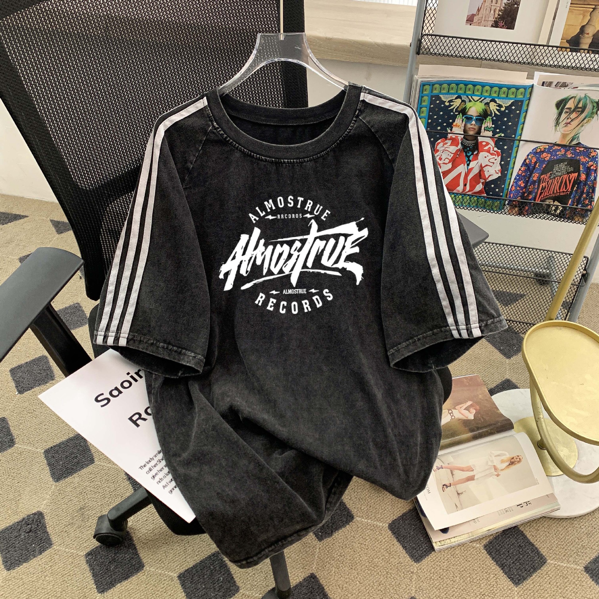 美式复古水洗纯棉上衣洗水做旧拼色插肩三条杆短袖体恤女oversize