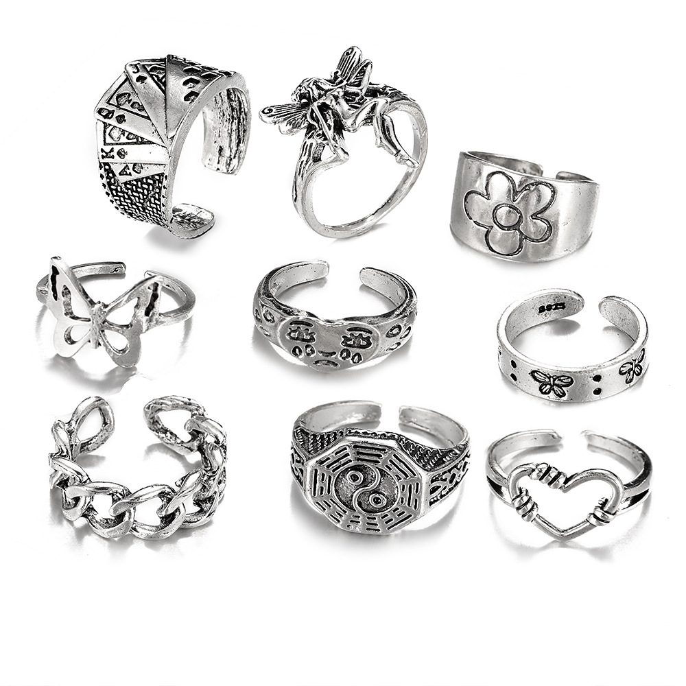 Alloy Chain Ring Vintage Crying Face Ring 9-Piece Set Poker Ring Hollow out Love Heart-Shaped Ring Daisy Ring