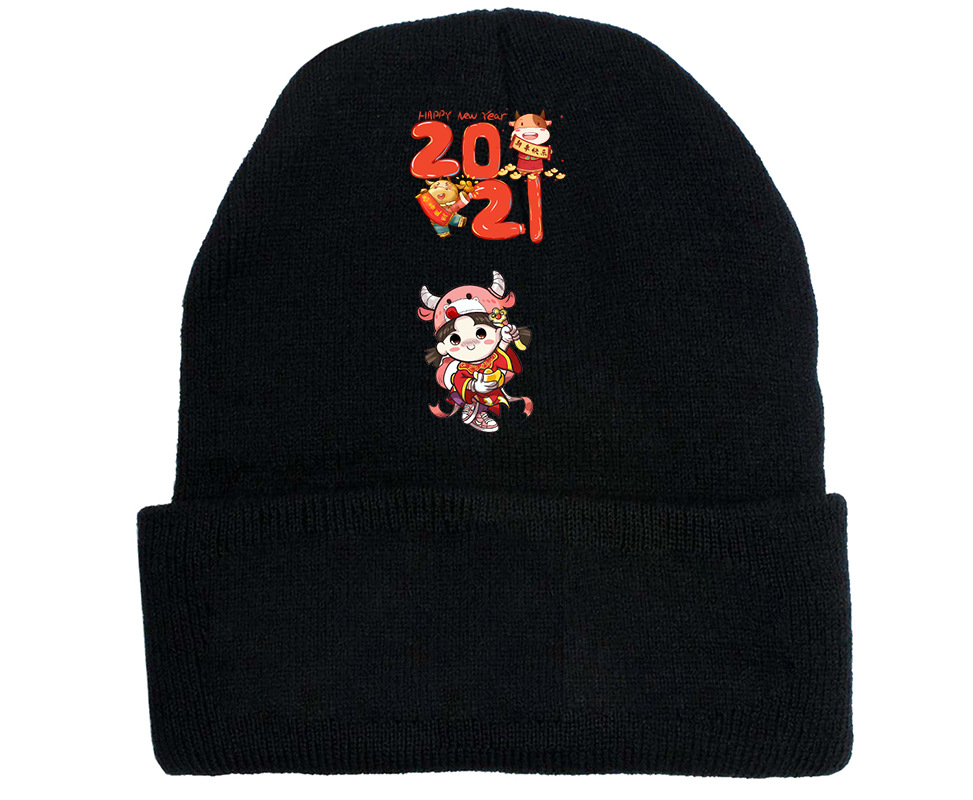 牛年跨境针织帽女 2021新款现货帽子百搭印花情侣定制保暖线绒帽