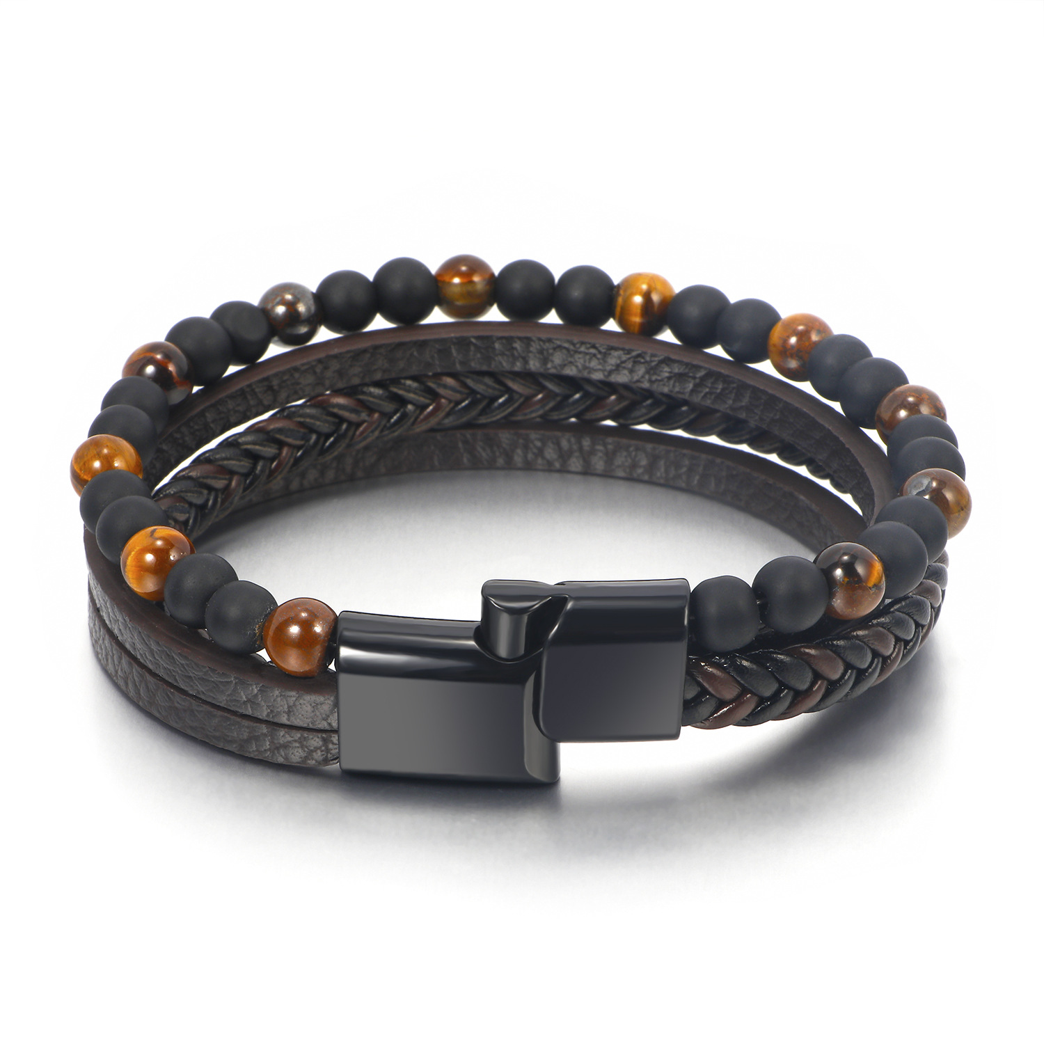 Amazon Hot Sale Natural Tigereye Beaded Men's Bracelet Hand-Woven Multi-Layer Leather Bracelet in Stock Wholesale