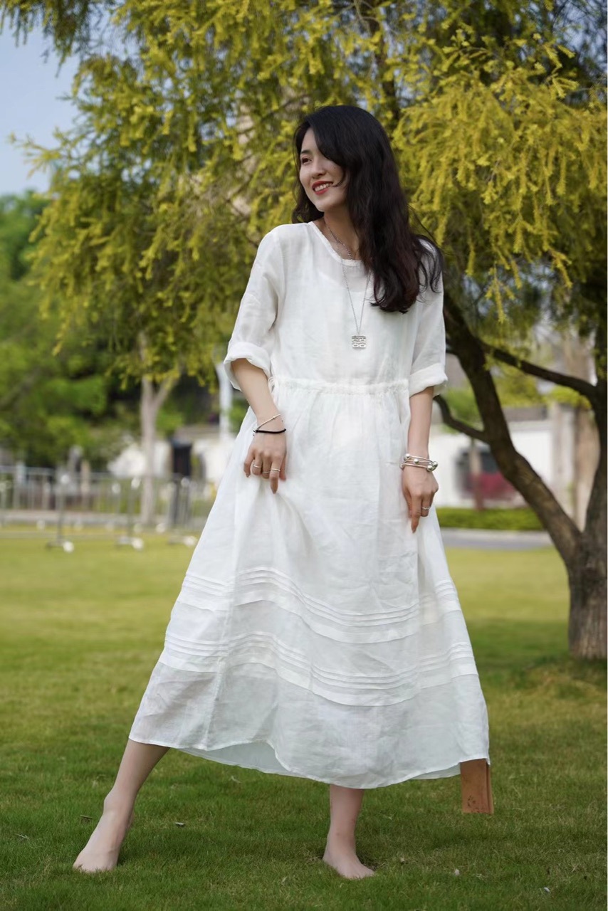 夏洋气套头长裙苎麻国风复古白色纯色高腰麻女装亚麻大码连衣裙