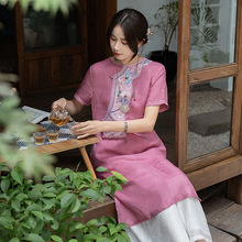 S23L260中国风复古盘扣苎麻中式连衣裙夏季刺绣花茶服民族风女装