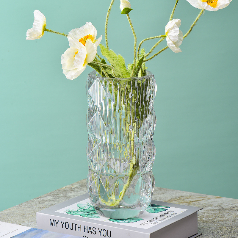 轻奢风玻璃装饰摆件家用客厅花瓶加厚玻璃浮雕花瓶水培玻璃