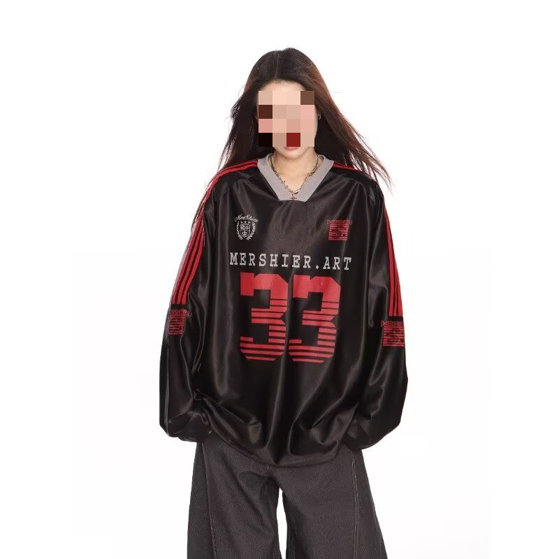 美式复古字母V领长袖T恤男女2024春秋季运动球服宽松休闲情侣上衣