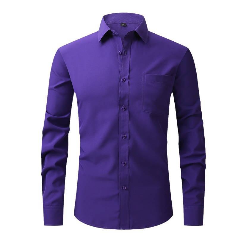 New Trend Men's Black Solid Color Shirt Men's Long-Sleeved H Non-Ironing Casual Solid Color Stretch Large Size Shirt Formal Slim Fit
