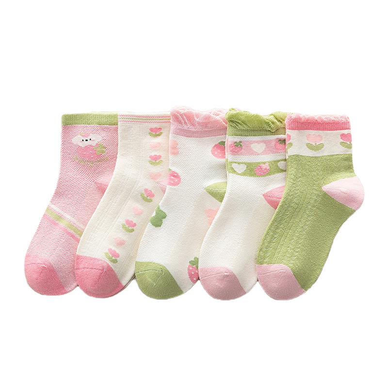 24 Spring/Summer Children's Socks Wholesale Mesh Stockings Thin Cute Strawberry Flower Cotton Socks Floral Princess Girls' Socks