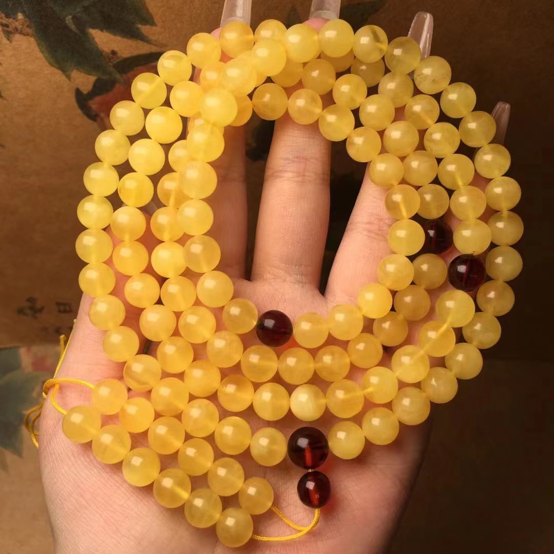 天然老蜜蜡108佛珠蜡质浓郁多圈手链项链可塘珠宝产地货源批发