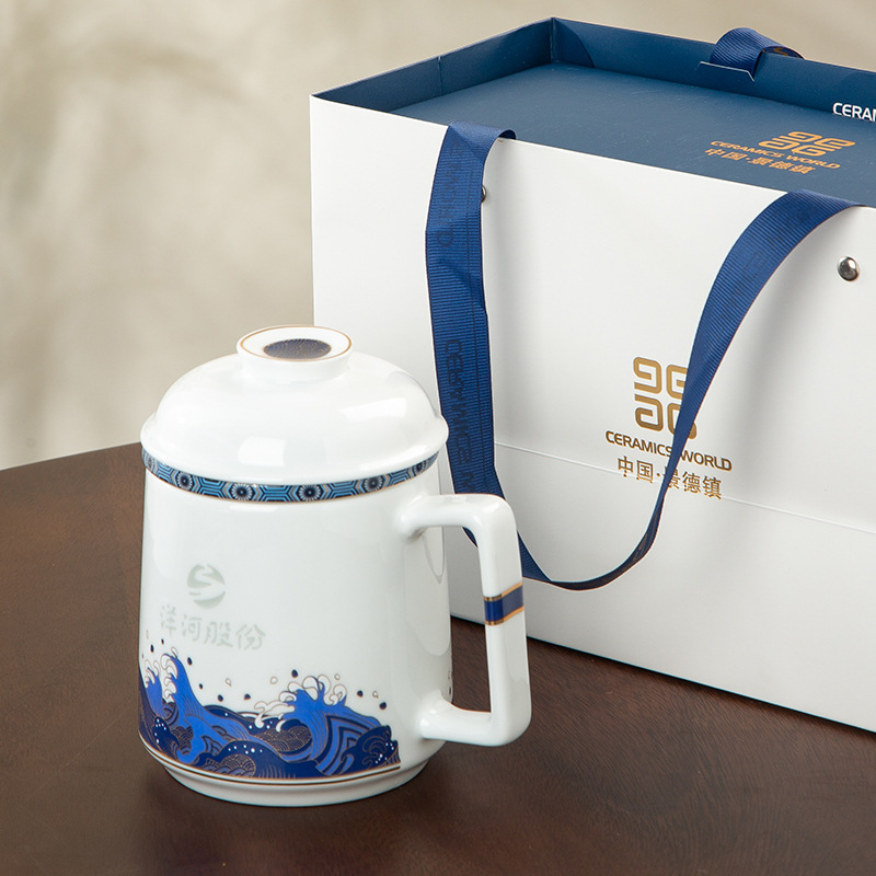 Jingdezhen Ceramic Cup Blue and White Household with Cover Strain Cup Chinese Ceramic Cup Gift Printed Logo