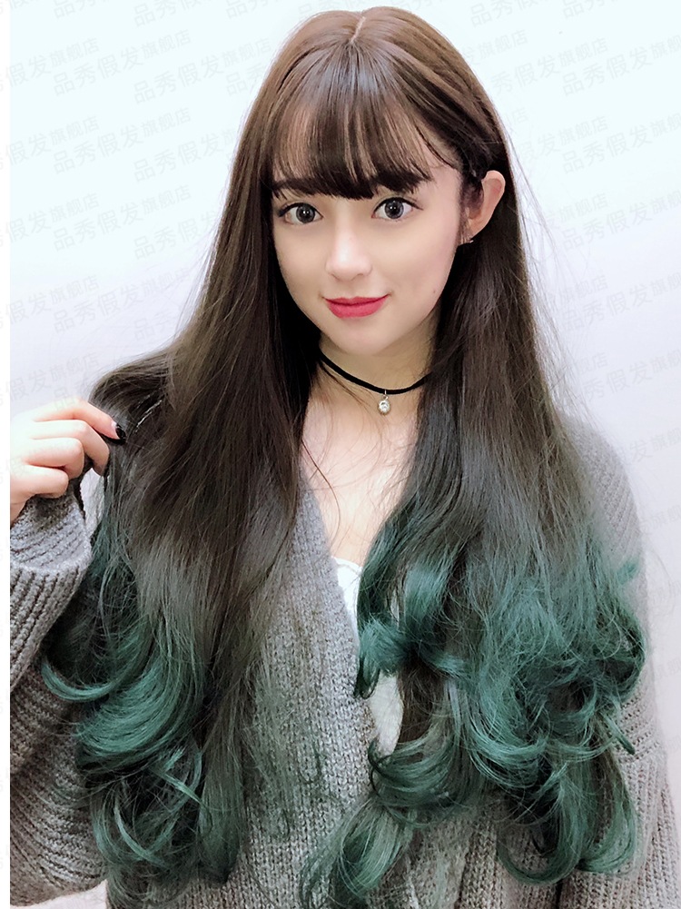 渐变色假发洋气孔雀绿女长卷发大波浪圆脸网红可爱长发接发假发套
