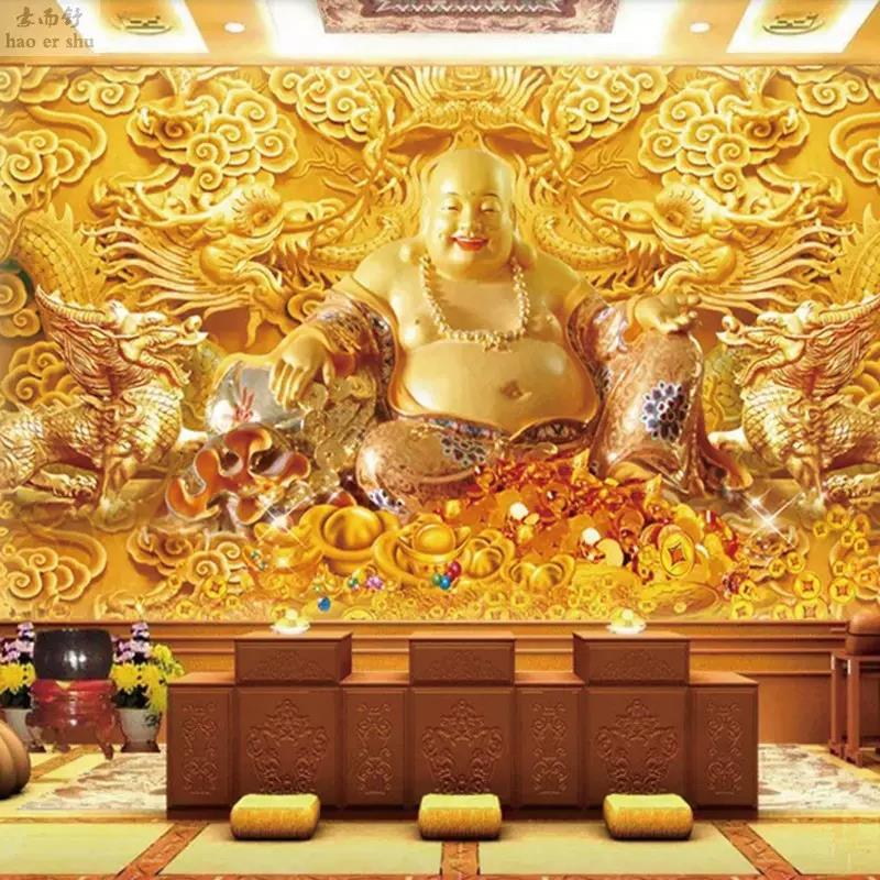 弥勒佛壁纸笑佛招财进宝墙布佛像佛图装饰佛堂寺庙18浮雕壁画