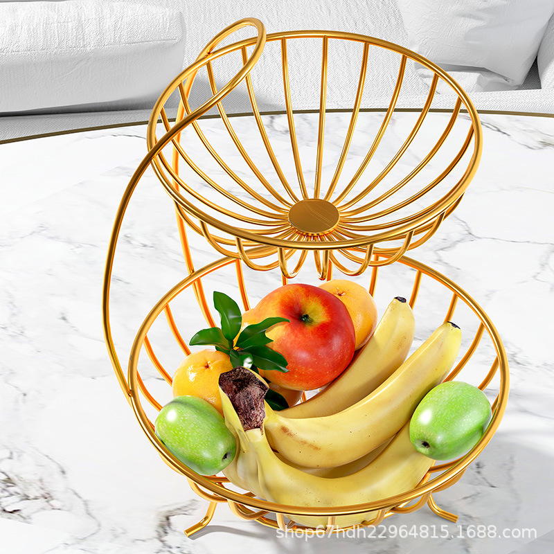 Wrought Iron Double Deck Fruit Plate Living Room Home Fruit Basket Storage Basket Fruit Plate Modern Simple Coffee Table Candy Snack Dish