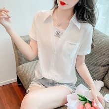 法式V领假两件白色衬衫女夏设计感小众韩版宽松显瘦短袖衬衣上衣