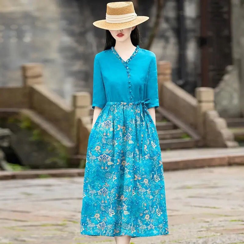 日本外贸一线品牌外贸法国单夏季v领碎花连衣裙系带苎麻中长a字裙