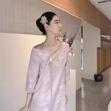 2023夏季新中式国风粉色连衣裙改良旗袍少女年轻款气质高级感裙子