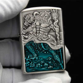 zippo打火机之宝盔甲珐琅熏银做旧海神波塞冬
