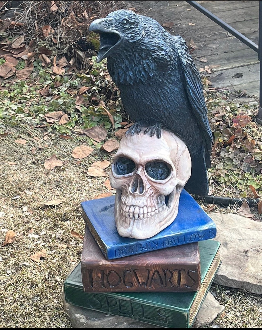 树脂骷髅头乌鸦万圣节雕像花园摆件家居工艺品礼物礼品头骨雕像