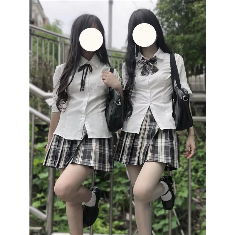 原创正版纯欲狗短黑白格jk格裙百褶裙jk套装学院风长袖收腰jk衬衫