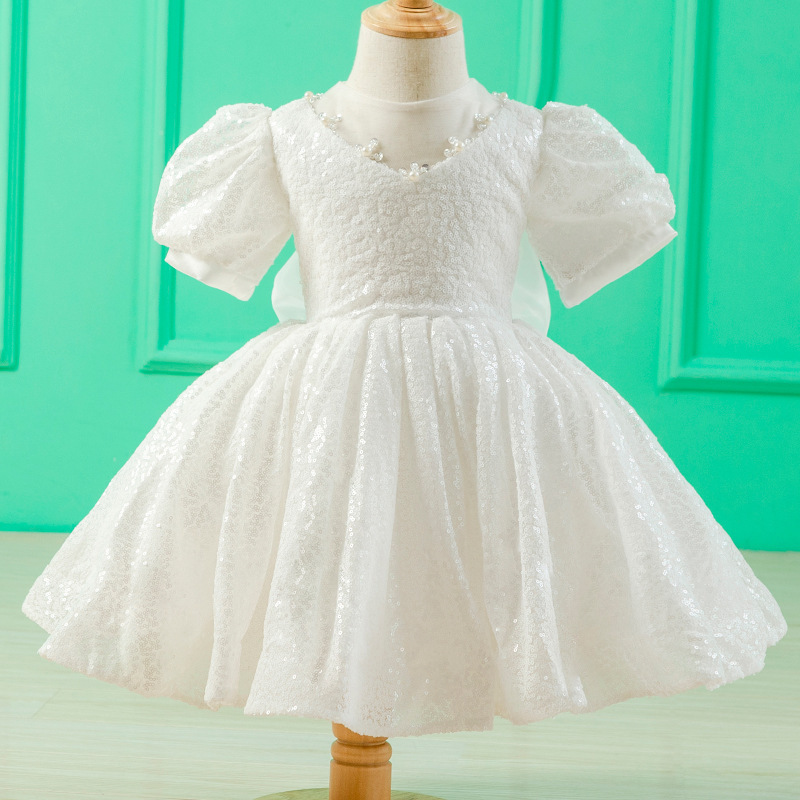 儿童公主裙白色亮片宝宝一周岁礼服婴儿连衣裙女童生日礼服公主裙