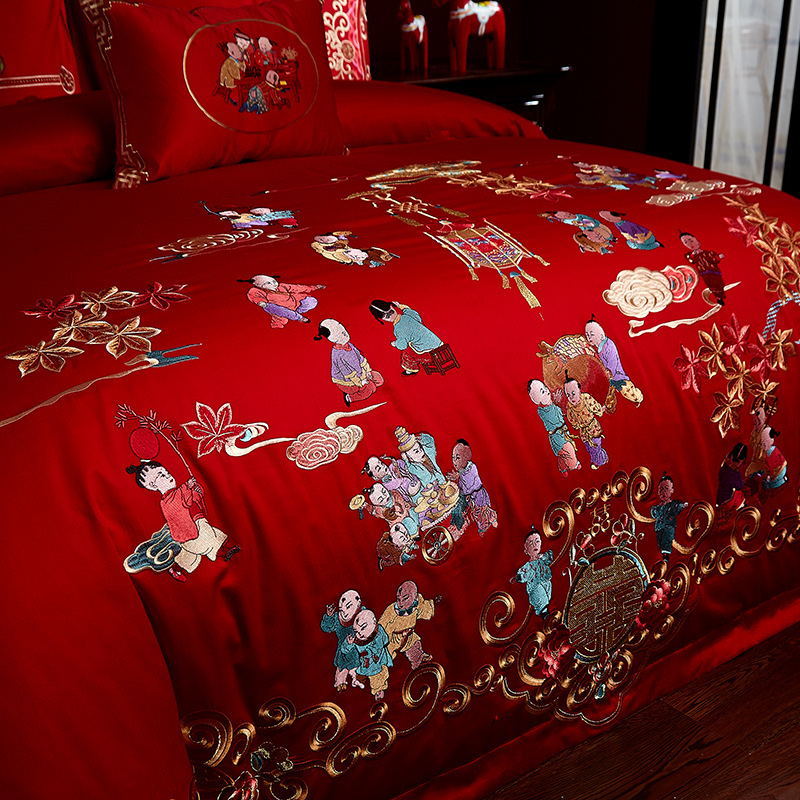 百子图婚庆四件套喜庆大红贡缎刺绣子孙被喜被百子被结婚用品