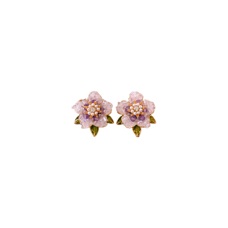 Real Gold Electroplated Silver Needle Crystal Diamond Flower Pearl Stud Earrings Personalized Design Earrings Niche Sweet Earrings for Women
