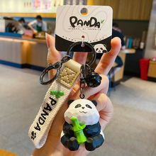 原创可爱树脂木雕风熊猫钥匙扣创意精致抱竹熊猫情侣钥匙链包挂件