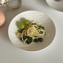 感白色岩石纹浅浮雕陶瓷圆盘北欧风西餐盘餐厅沙拉盘有格调