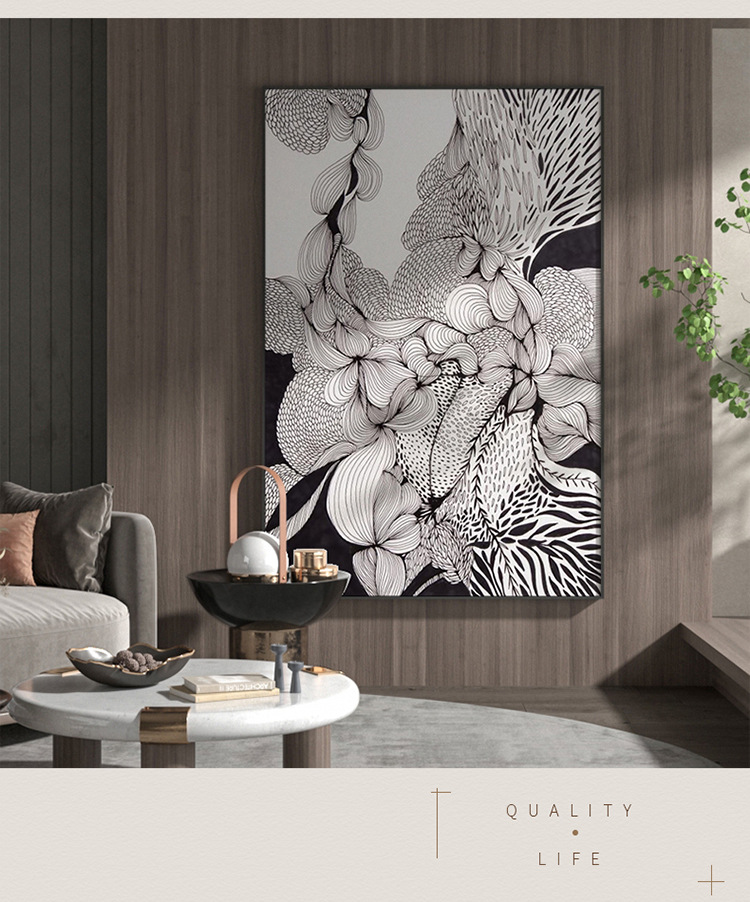 现代轻奢客厅入户玄关装饰画黑白灰线稿繁花艺术背景墙壁竖版挂画