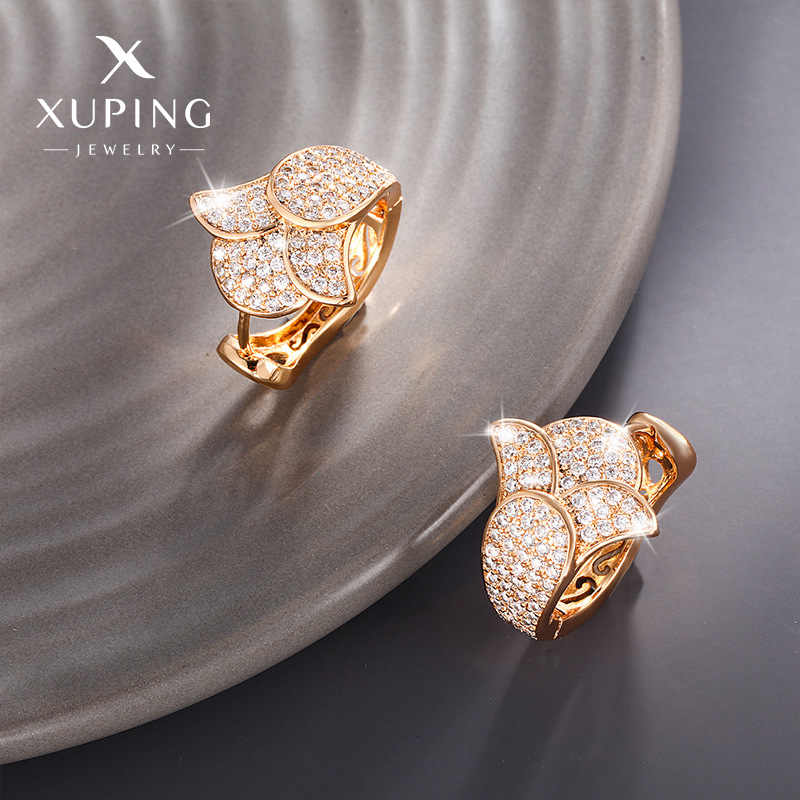 xuping jewelry plated 18k gold micro inlaid zirconium flower ear clips women‘s european and american foreign trade light luxury high-grade earrings