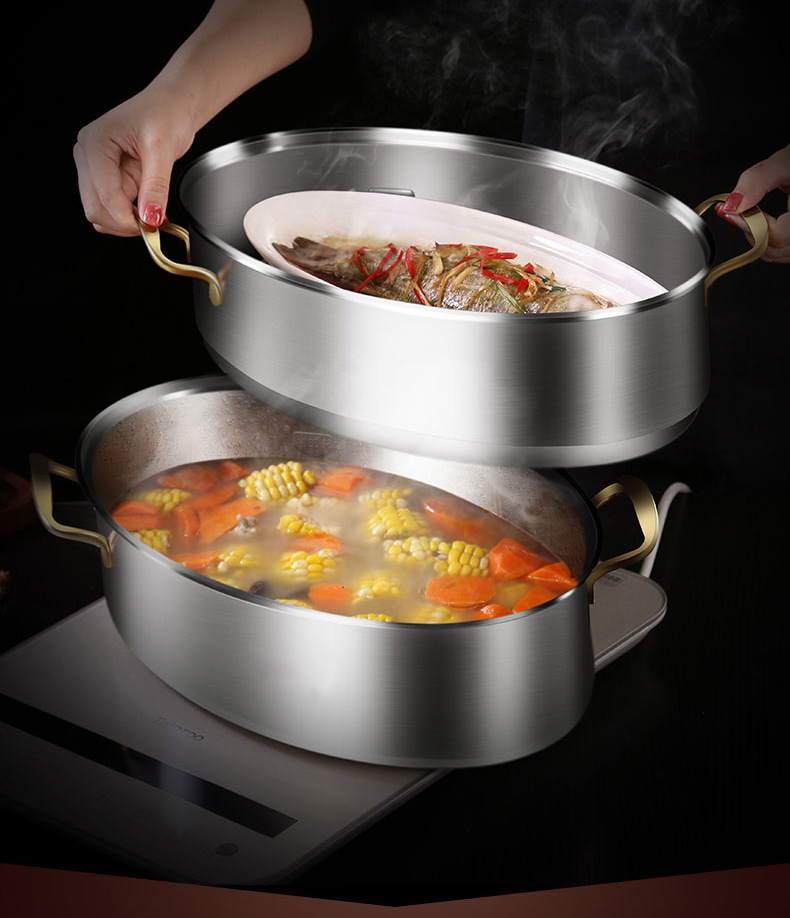 304不锈钢蒸鱼锅家用大容量大号清蒸锅蒸笼电磁炉加厚椭圆鱼锅2层