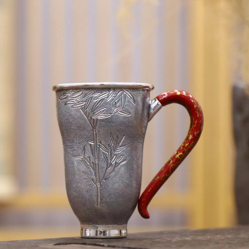 檀木手柄 家用办公手工纯银茶杯999纯银主人杯高档办公银杯子茶具