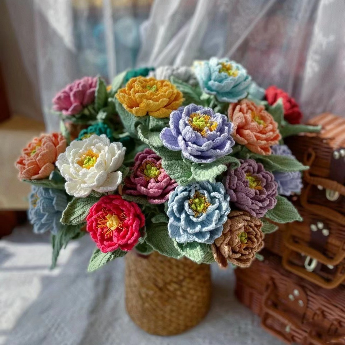 重工手钩花成品钻石芍药手工编织毛线花束批发创意diy重工节庆礼