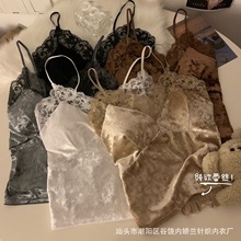 纯欲风辣妹蕾丝拼接法式金丝绒吊带背心女带胸垫美背显瘦打底上衣