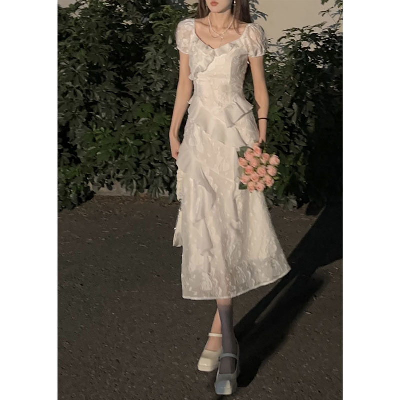 French Style Tea Break Dress for Women Early Spring and Summer 2024 New White Ruffled Irregular Slimming Short Skirt