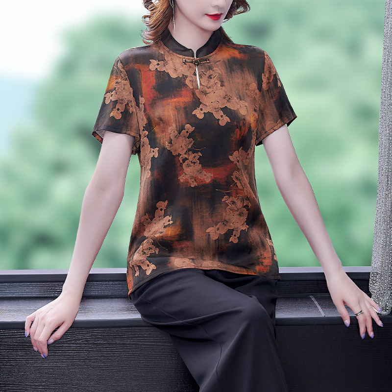 妈妈装香云纱上衣女2022春夏新款高端大码显瘦短袖气质中老年t恤