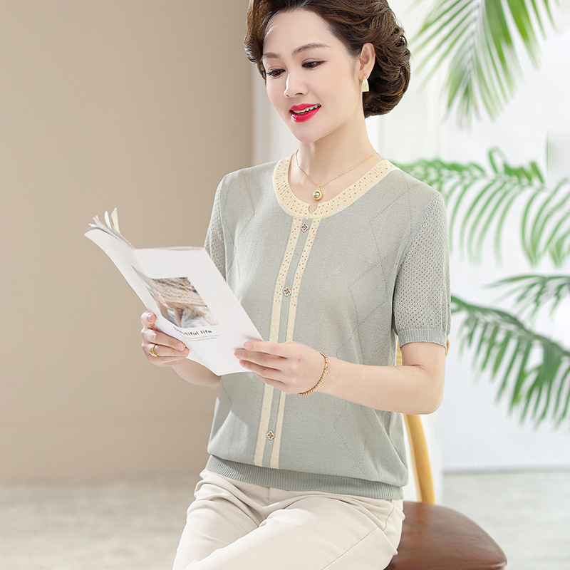 夏季妈妈装冰丝上衣洋气新款时尚短袖小衫女 中老年人女宽松t恤薄