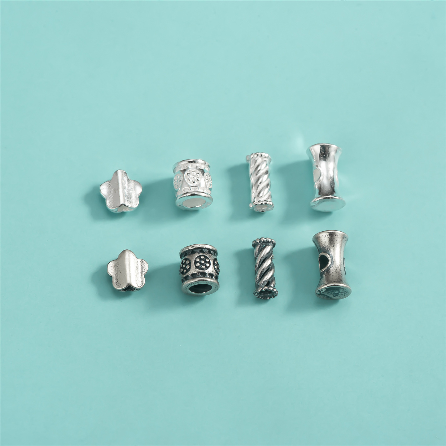 S925纯银手工款桶珠麻花扭纹直管蝴蝶小花隔珠水晶玛瑙手链散珠