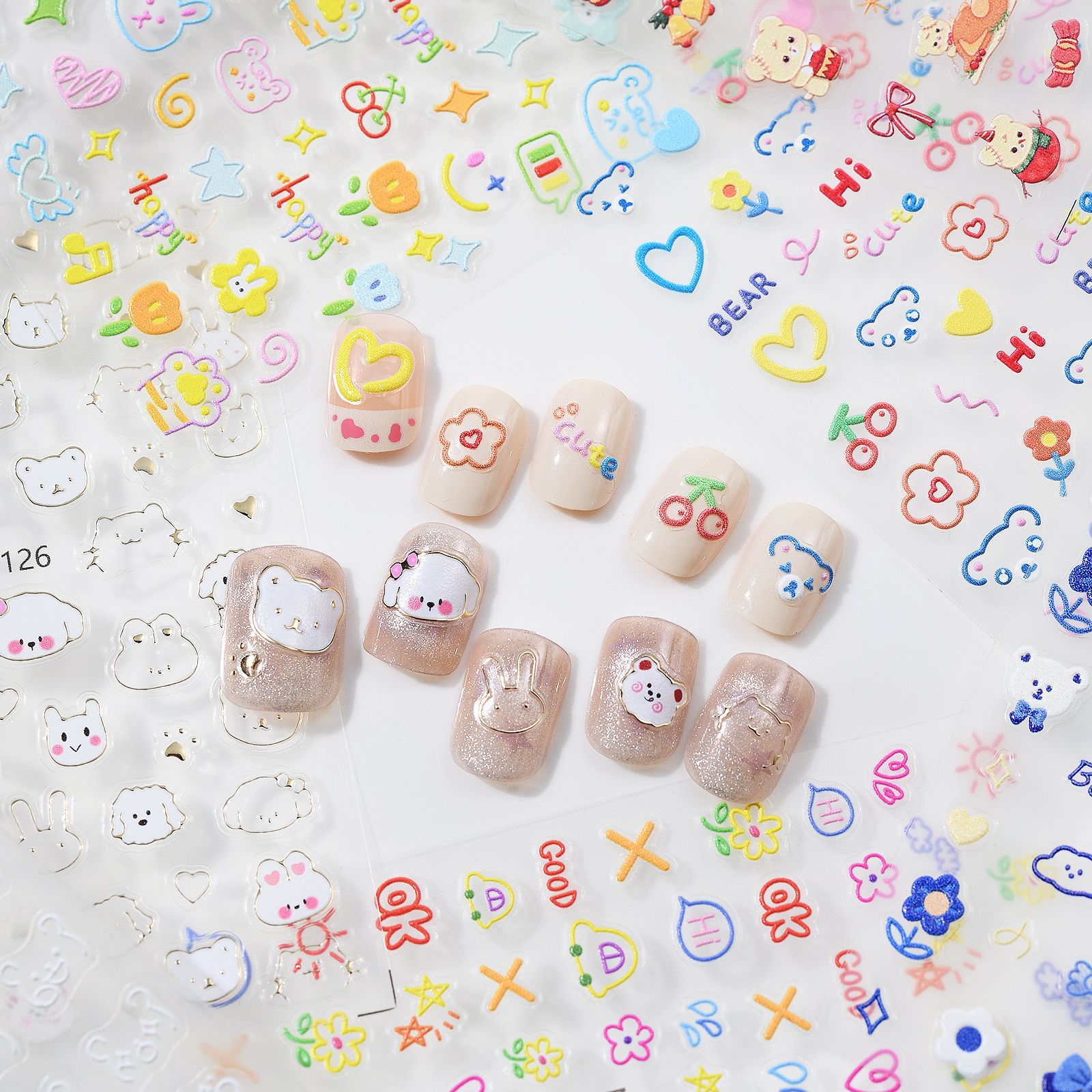 熊熊卡通美甲贴纸彩色可爱小狗兔子小猪diy指甲背胶贴纸-阿里巴巴