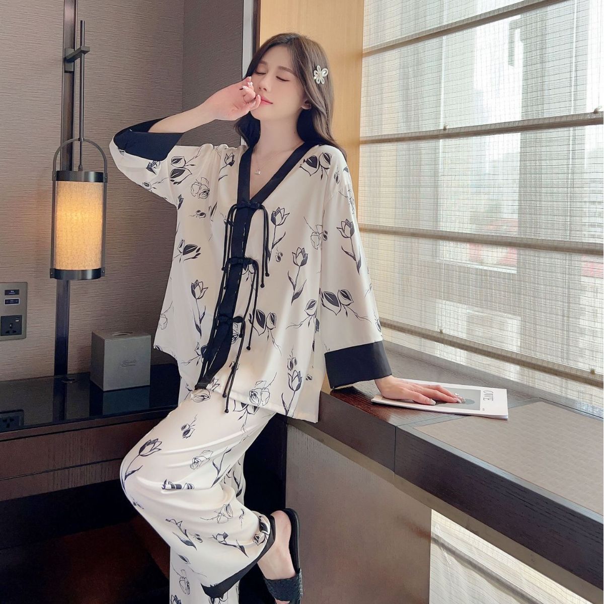 women‘s pajamas artificial silk national trendy style women‘s long-sleeved trousers autumn and winter new homewear suit buckle pajamas