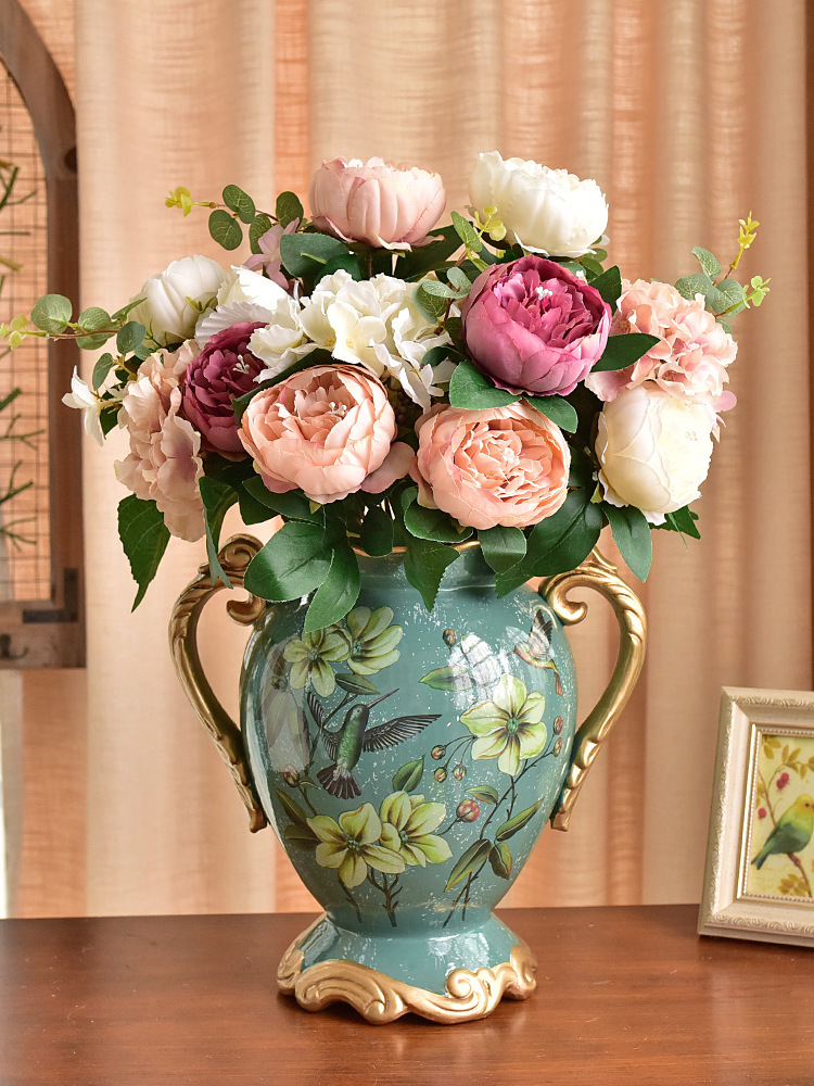 欧式花瓶摆件客厅插花美式陶瓷复古电视柜玄关餐桌仿真花干花装饰