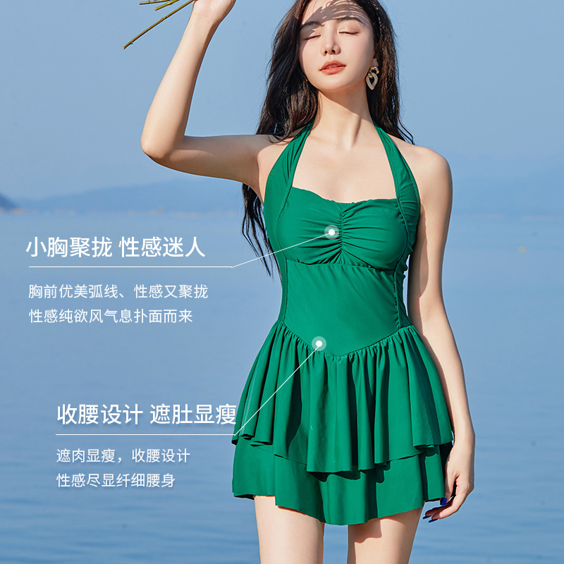 Lady Sexy Sling Swimsuit Seaside Vacation Hot Spring Bathing Suit Swimming Dress Solid Color High Waist Backless Dress Wholesale