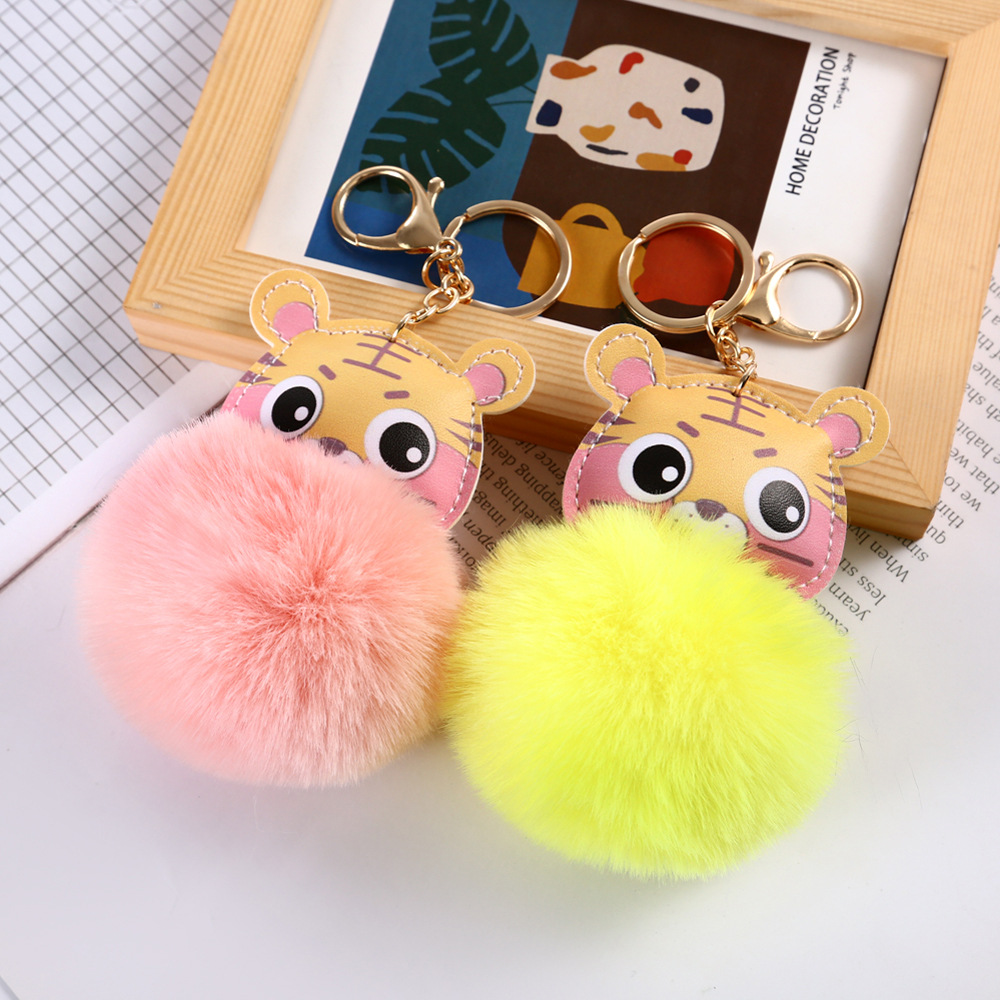 Cross-Border Cartoon Tiger Imitation Rex Rabbit Fur Ball Keychain Women's Bag Bag Charm Tiger Year Plush Pendant Small Gift