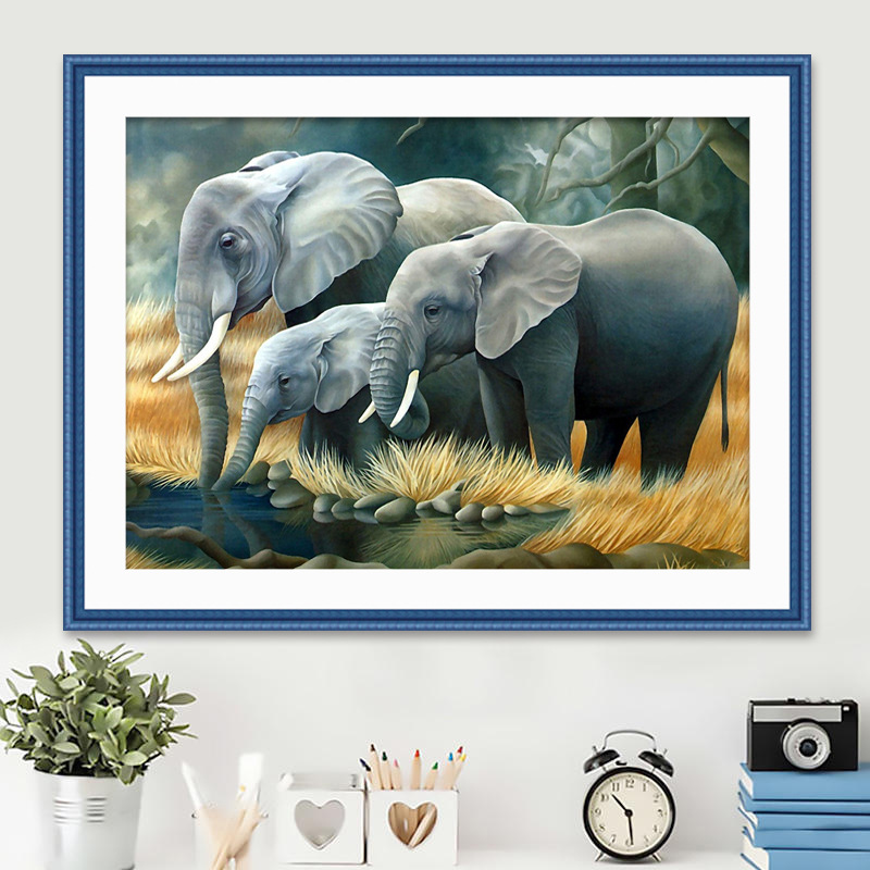 精准印花十字绣新款外贸货源批发手工diy刺绣大象一家小幅棉线绣