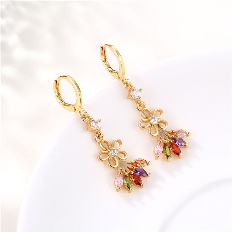 European and American Fashion Flower Ear Clips Long Flower-Shaped Earrings Personalized Colorful Zircon Earrings Female Mixed Color Earrings Wholesale
