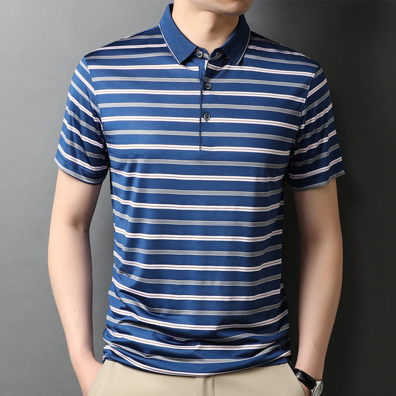 2022夏季新款男士桑蚕丝t恤短袖t薄款条纹中年体恤打底衫批发5132