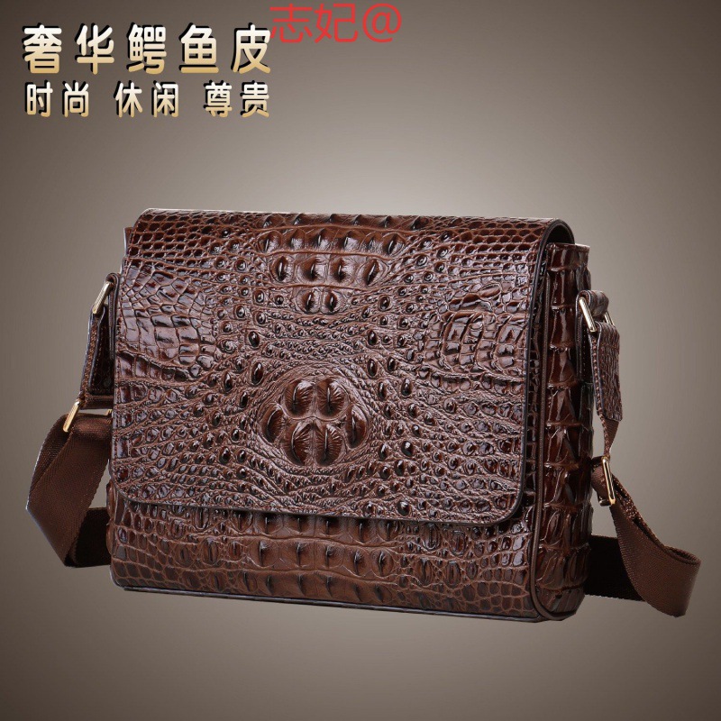 泰国鳄鱼皮单肩包男士斜跨包翻盖商务休闲时尚真皮横竖款男包