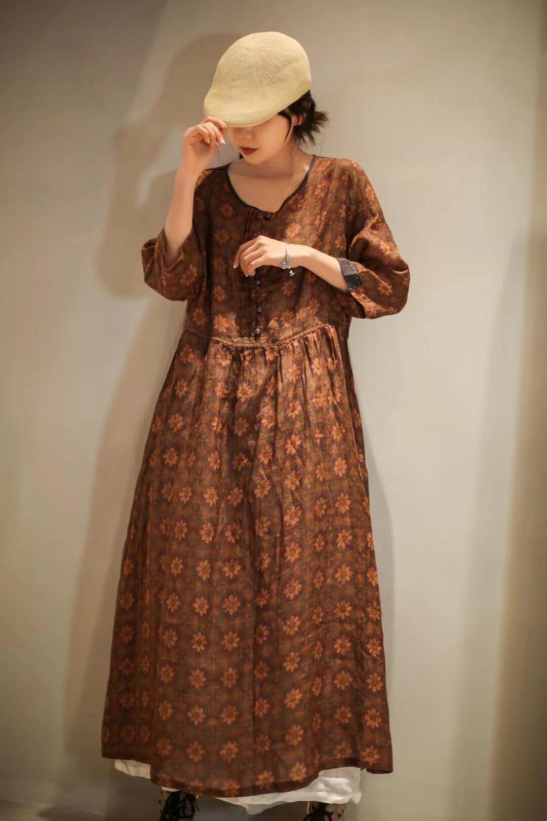 苎麻连衣裙女文艺宽松v领七分袖显瘦复古印花宽松大码长款麻裙