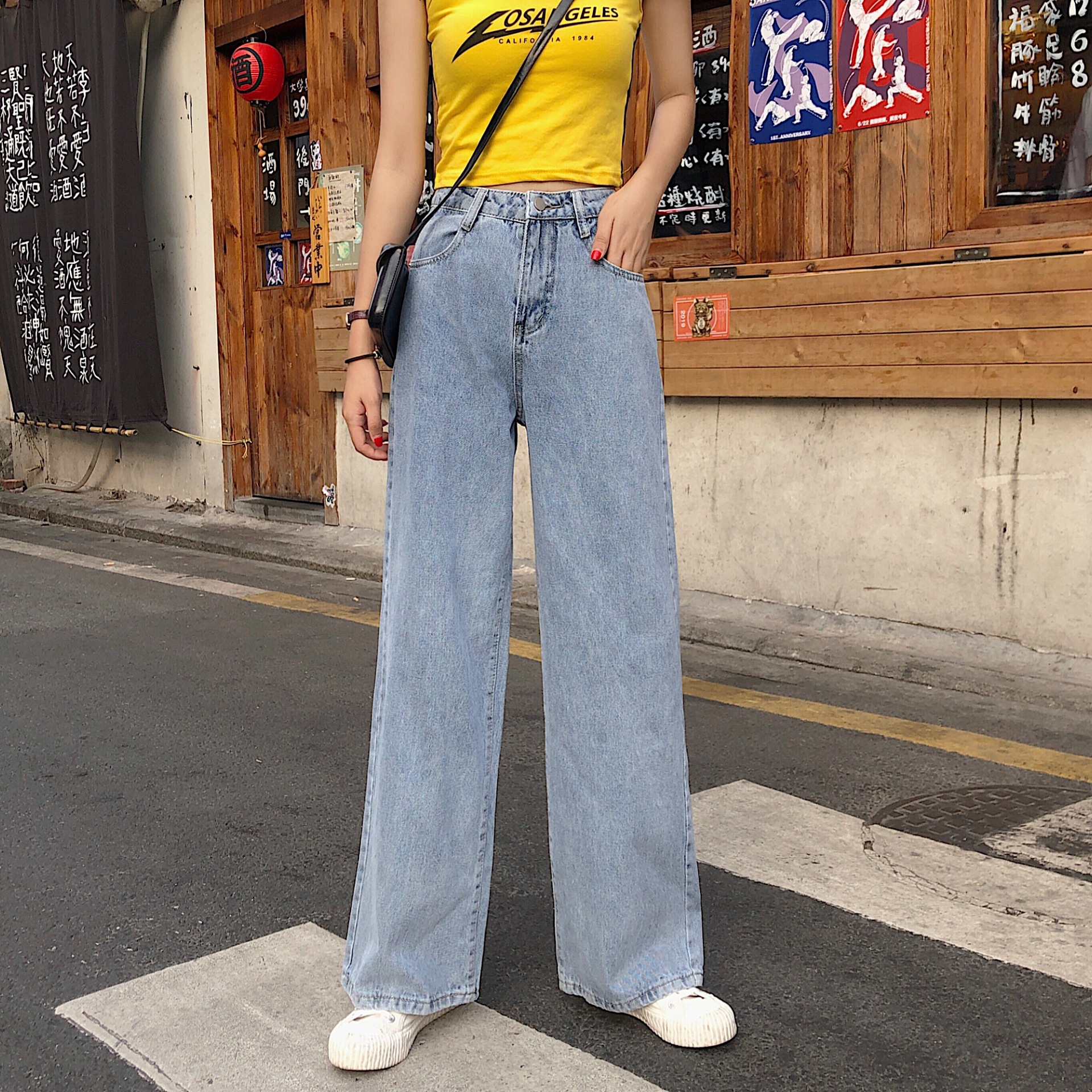 2022 Summer New Jeans Women's Korean-Style High Waist Slimming Washed Ins All-Matching Wide Leg Student Mop Trousers